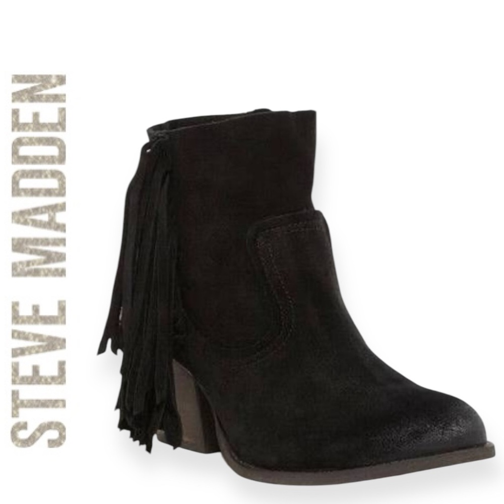 STEVE MADDEN FAULKNER BLACK SUEDE WESTERN FRINGED HEELED ANKLE BOOTS **NWOT**